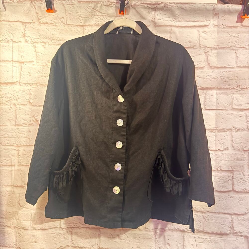 Cottage Clothing Inc Sz XL Black linen alternative blazer 100% linen tassels